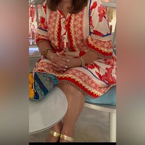 Floral Bohemian Mini‎ Dress Red Pink 100% Viscose Made In Italy Medium EUC